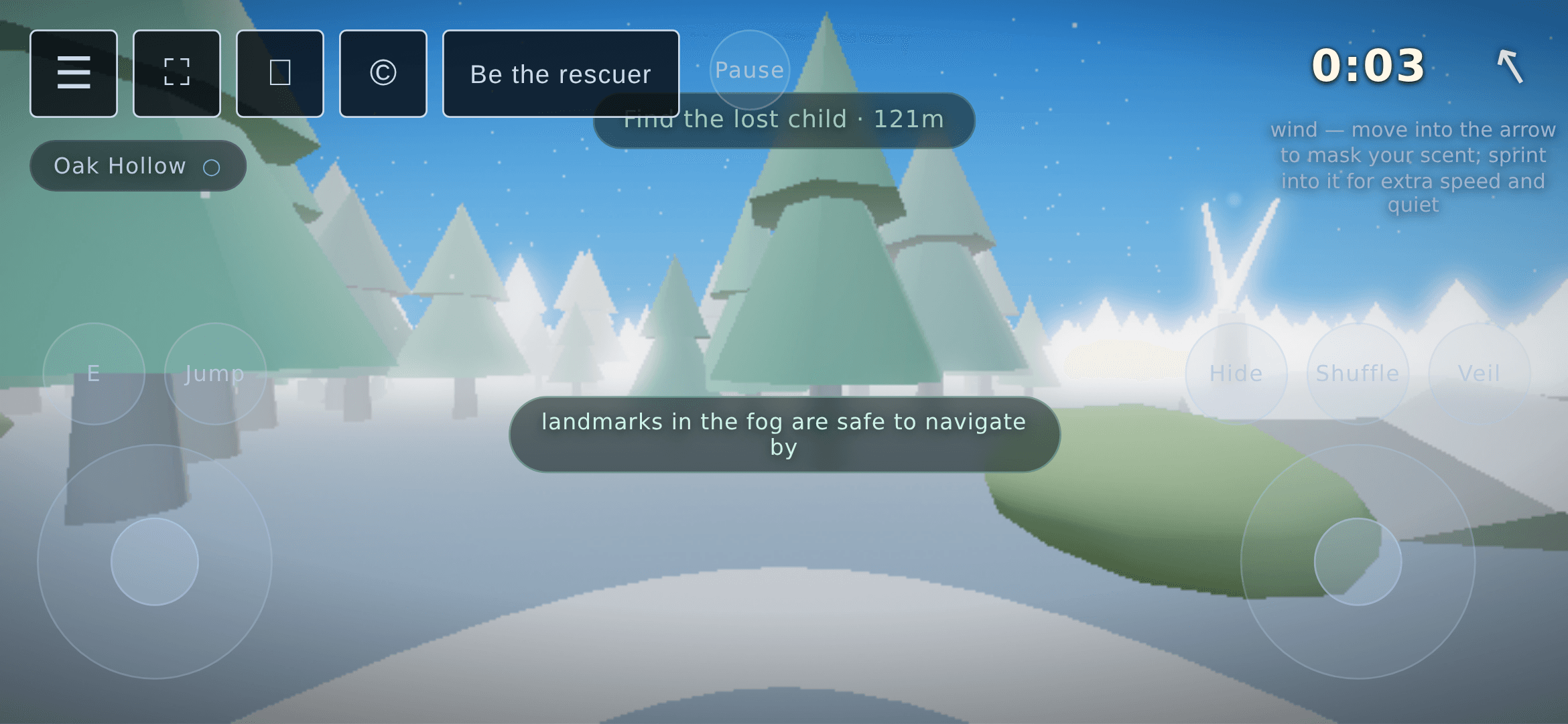 Lullwood on a phone held in landscape: a movement stick bottom-left with E and Jump buttons above it, a look stick bottom-right with Hide, Shuffle and Veil buttons above it, a Pause button and menu buttons along the top, and a snowy pine forest behind