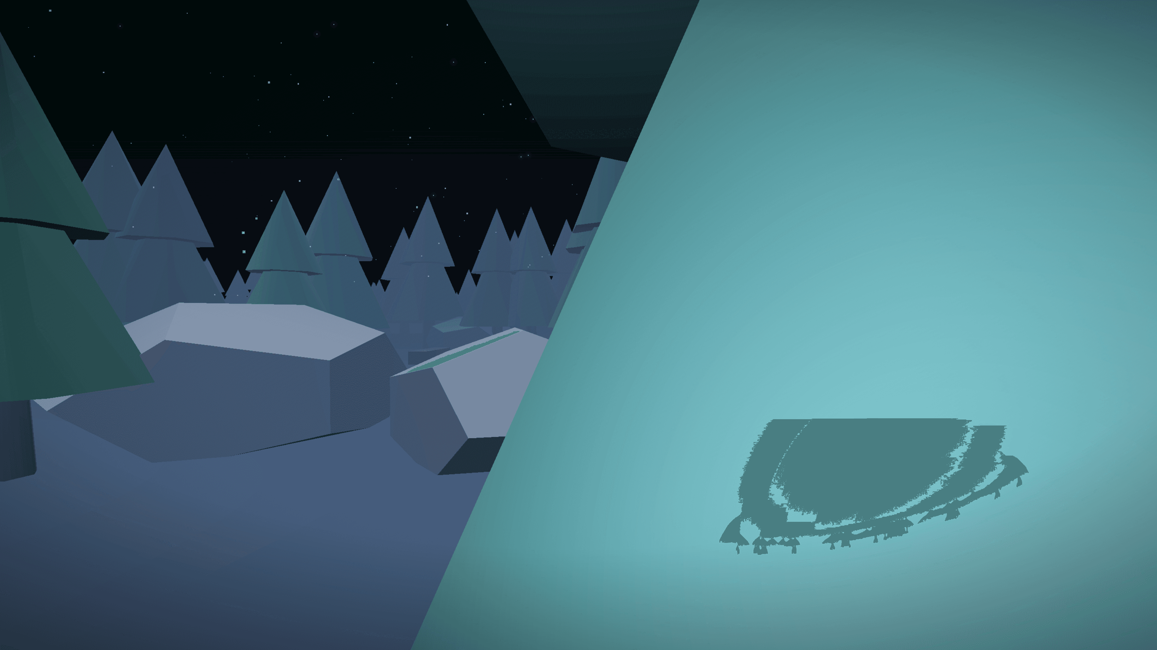 The lost child's glow visible far off through the trees in Lullwood's foggy night forest