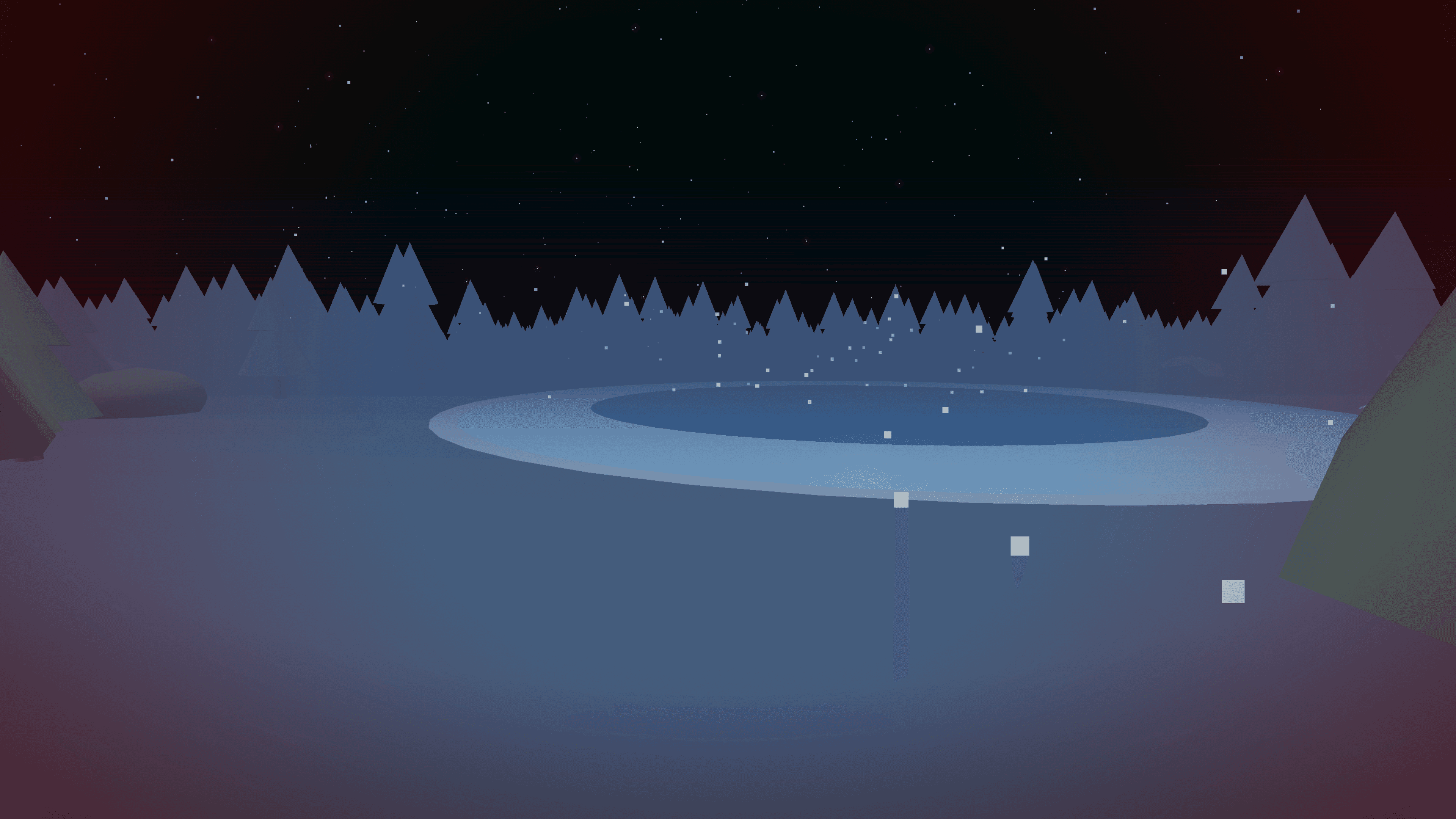 First-person view looking up through a dense forest canopy at night in Lullwood