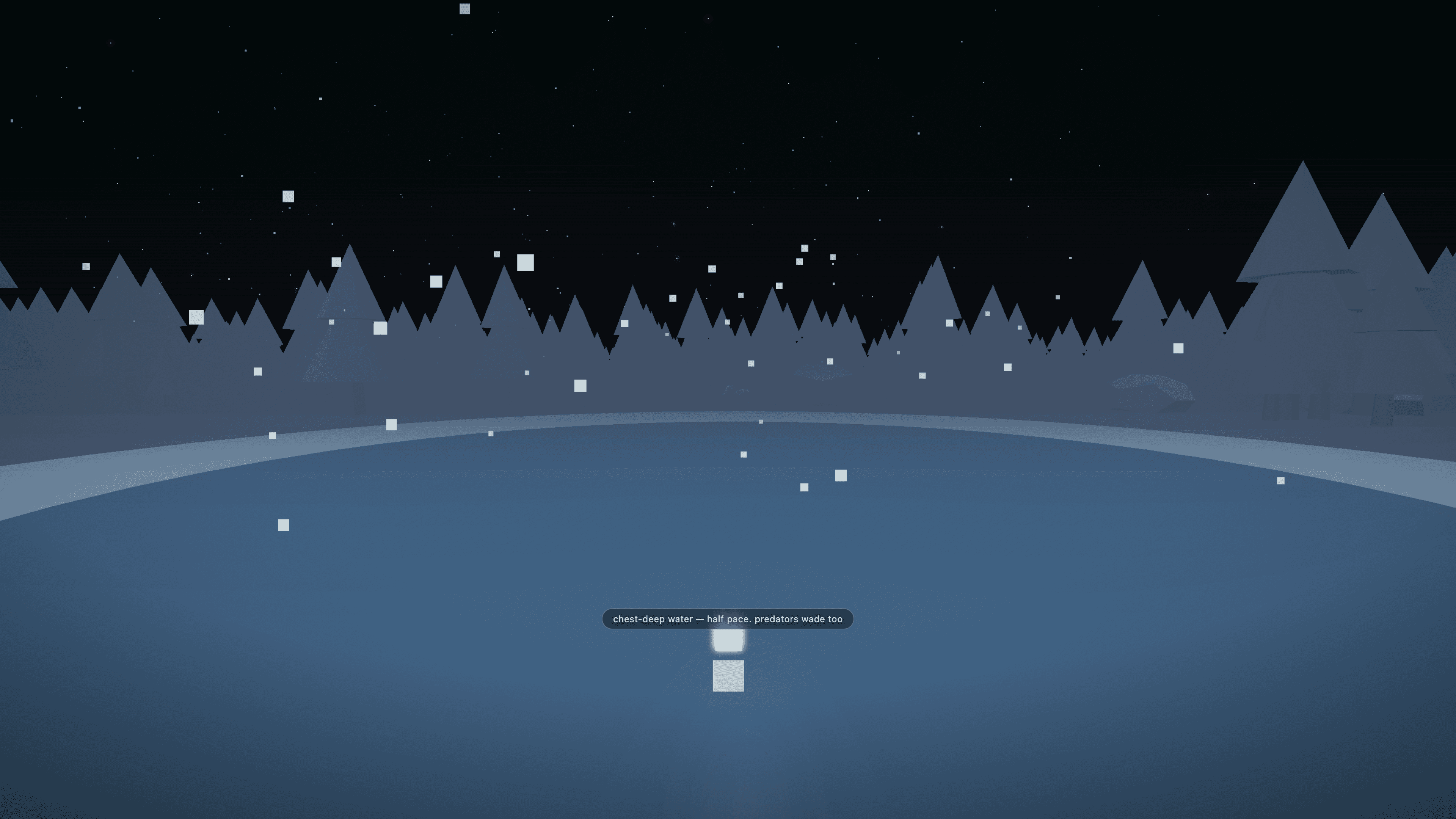 An open clearing in Lullwood's forest at night, fog rolling across the open ground
