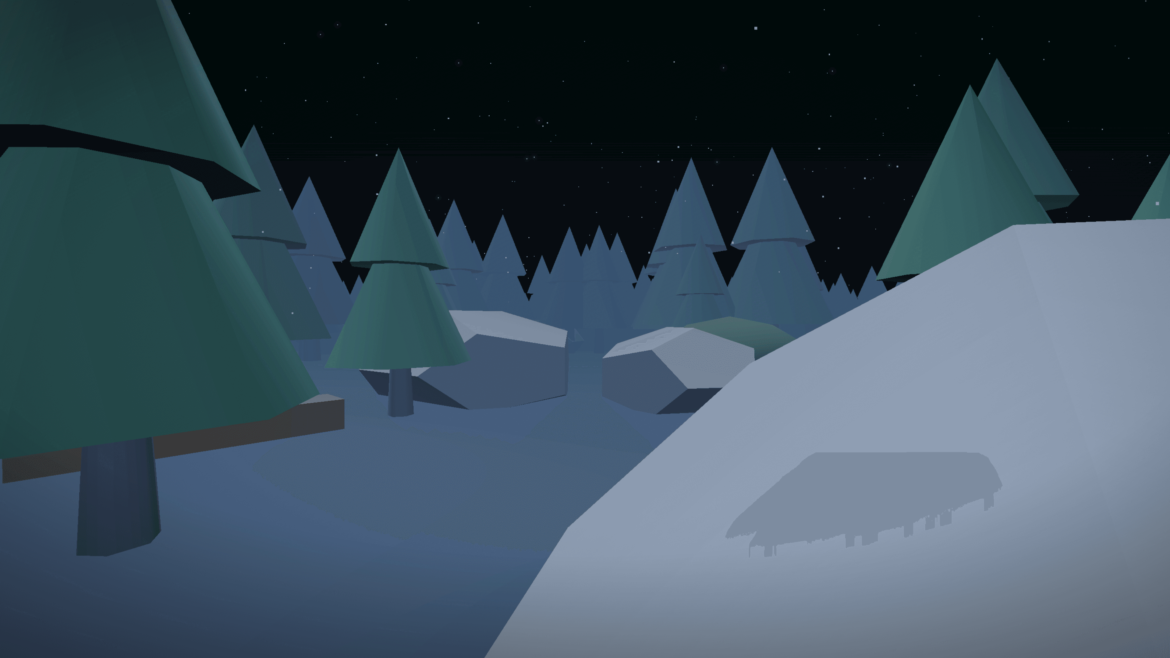 A snow-covered rock outcrop breaking up the tree line in Lullwood's forest at night